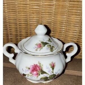 Vintage Wales Japan Sugar Bowl W/ Lid Moss Rose Gold Guilding Red Rose Design